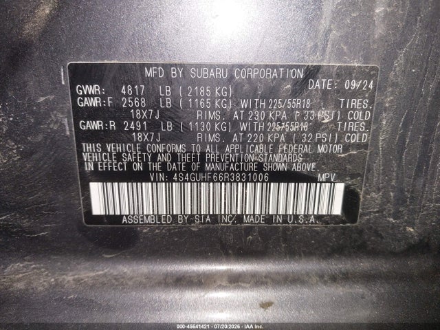 2024 Subaru Crosstrek Sport მანქანა იყიდება აუქციონზე, vin: 4S4GUHF66R3831006, აუქციონის ნომერი: 45641421