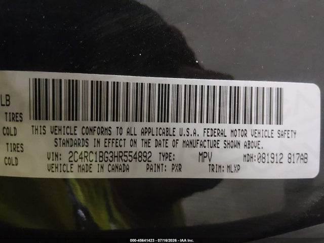 Aukcja sprzedaży 2017 Chrysler Pacifica Touring-l, vin: 2C4RC1BG3HR554892, numer aukcji: 45641423