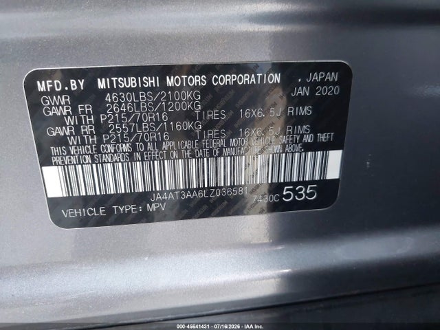 Aukcja sprzedaży 2020 Mitsubishi Eclipse Cross Es 1.5t Awc, vin: JA4AT3AA6LZ036581, numer aukcji: 45641431
