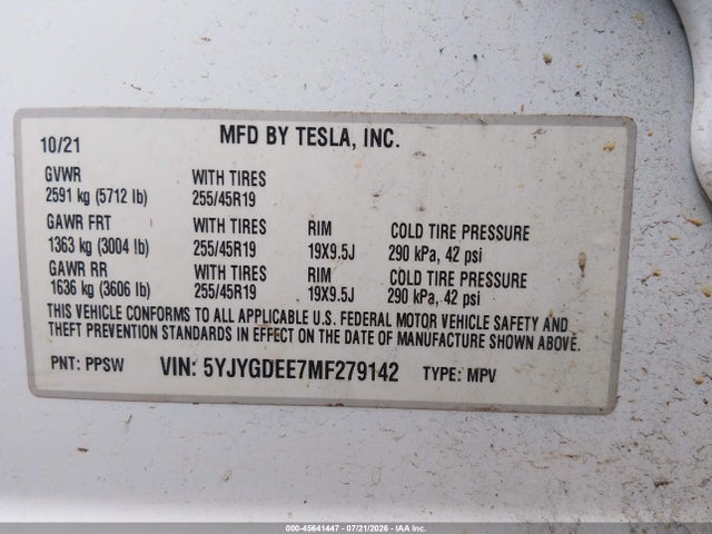 Продаж на аукціоні авто 2021 Tesla Model Y Long Range Dual Motor All-wheel Drive, vin: 5YJYGDEE7MF279142, номер лоту: 45641447