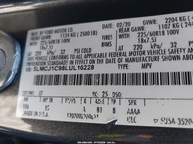 Продажа на аукционе авто 2020 Lincoln Corsair Standard, vin: 5LMCJ1C98LUL16228, номер лота: 45641450