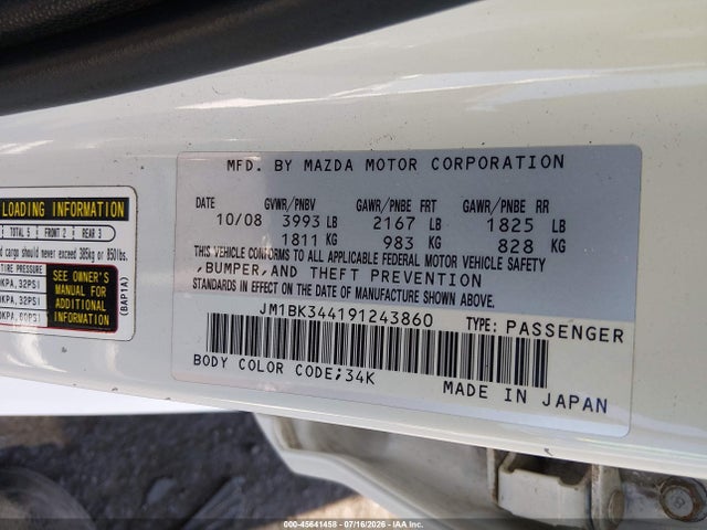 2009 Mazda Mazda3 S Touring მანქანა იყიდება აუქციონზე, vin: JM1BK344191243860, აუქციონის ნომერი: 45641458