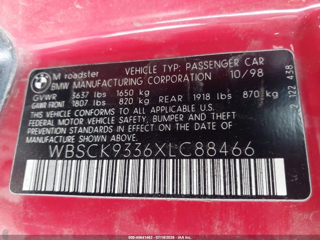Продаж на аукціоні авто 1999 Bmw M, vin: WBSCK9336XLC88466, номер лоту: 45641462