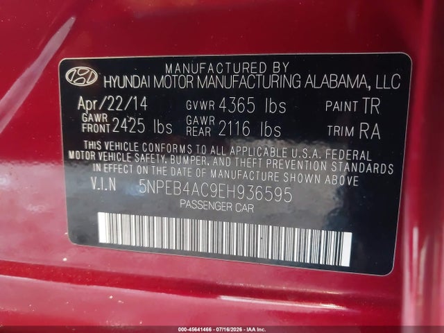 Hyundai SONATA GLS 2014 5NPEB4AC9EH936595 Image 9