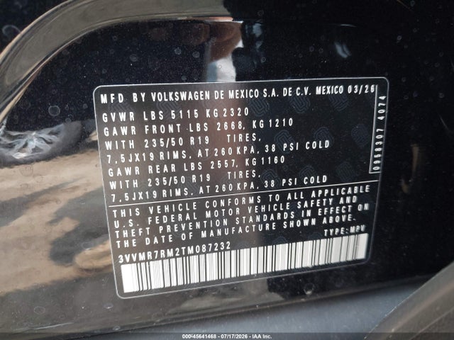 Продаж на аукціоні авто 2026 Volkswagen Tiguan Se, vin: 3VVMR7RM2TM087232, номер лоту: 45641468