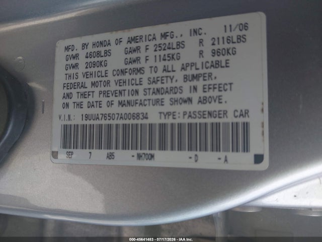 Продаж на аукціоні авто 2007 Acura Tl Type S, vin: 19UUA76507A006834, номер лоту: 45641483