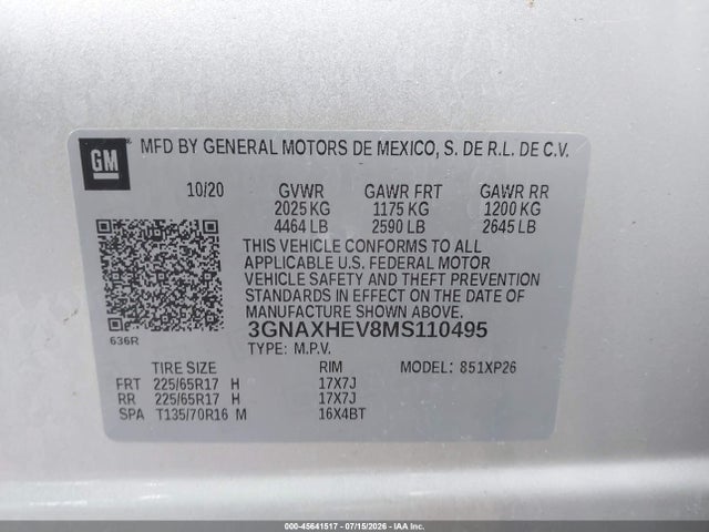 2021 Chevrolet Equinox Fwd Ls მანქანა იყიდება აუქციონზე, vin: 3GNAXHEV8MS110495, აუქციონის ნომერი: 45641517