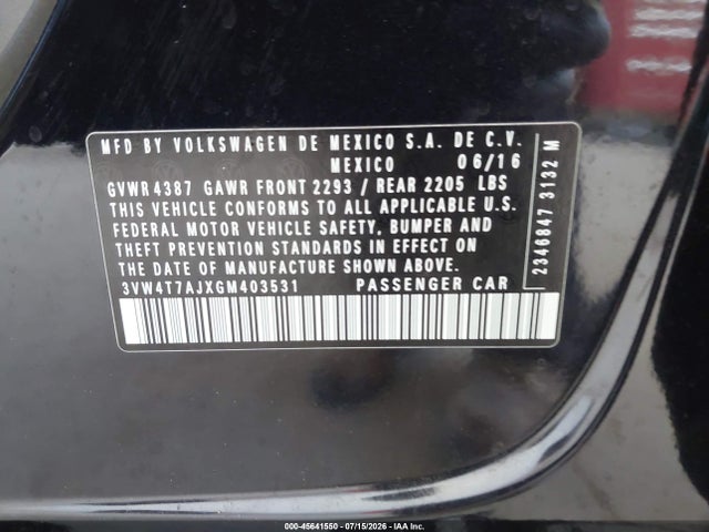 Aukcja sprzedaży 2016 Volkswagen Jetta 2.0t Gli Se, vin: 3VW4T7AJXGM403531, numer aukcji: 45641550