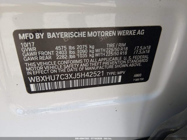 45641553 :رقم المزاد ، WBXHU7C3XJ5H42521 vin ، 2018 Bmw X1 Sdrive28i مزاد بيع