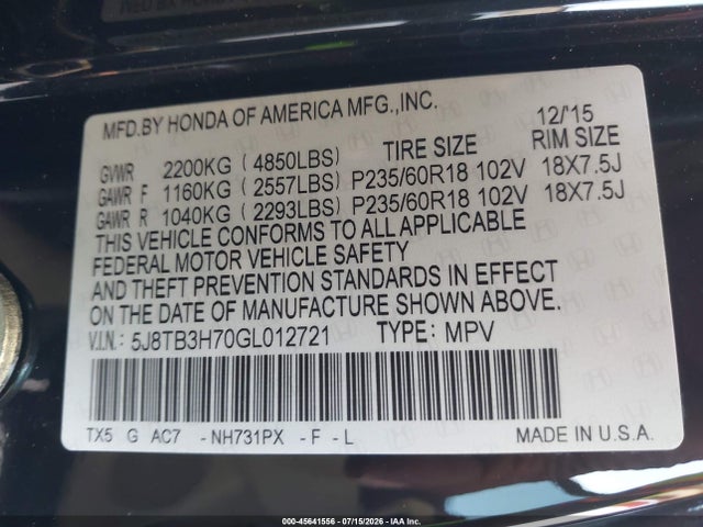2016 Acura Rdx Advance Package მანქანა იყიდება აუქციონზე, vin: 5J8TB3H70GL012721, აუქციონის ნომერი: 45641556
