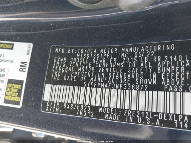 Toyota COROLLA LE 2022 5YFEPMAE3NP336872 Image 9