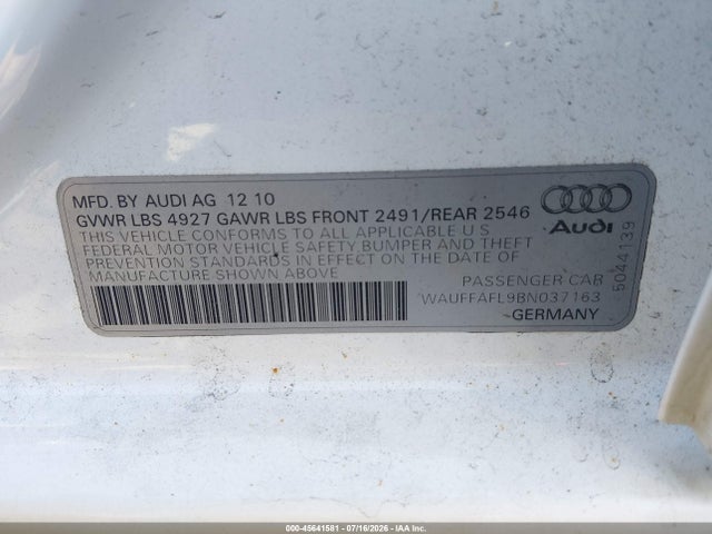 45641581 :رقم المزاد ، WAUFFAFL9BN037163 vin ، 2011 Audi A4 2.0t Premium مزاد بيع