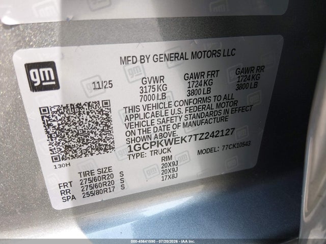 Aukcja sprzedaży 2026 Chevrolet Silverado 1500, vin: 1GCPKWEK7TZ242127, numer aukcji: 45641590