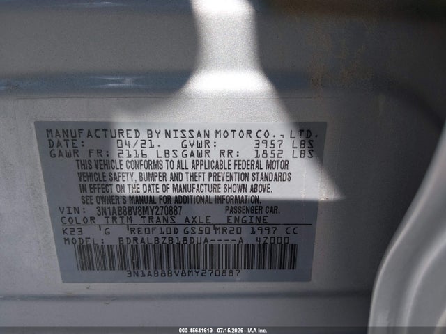 3N1AB8BV8MY270887 Nissan Sentra S Xtronic Cvt