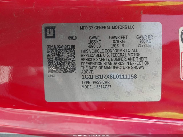2020 Chevrolet Camaro Rwd  1lt მანქანა იყიდება აუქციონზე, vin: 1G1FB1RX8L0111158, აუქციონის ნომერი: 45641623