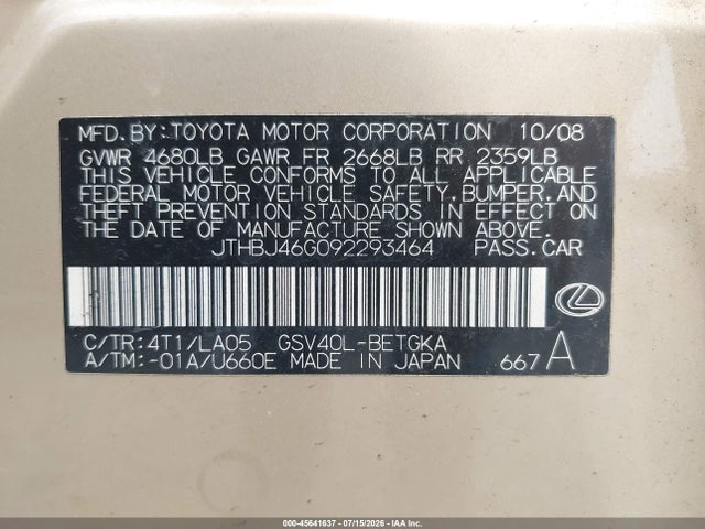 45641637 :رقم المزاد ، JTHBJ46G092293464 vin ، 2009 Lexus Es 350 مزاد بيع