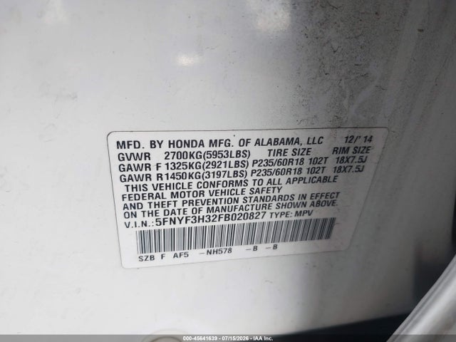 Honda PILOT SE 2015 5FNYF3H32FB020827 Image 9