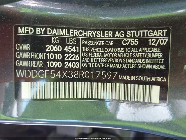 45641648 :رقم المزاد ، WDDGF54X38R017597 vin ، 2008 Mercedes-benz C 300 Luxury/sport مزاد بيع