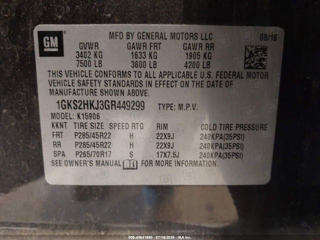 GMC YUKON XL DENALI 2016 1GKS2HKJ3GR449299 Image 9