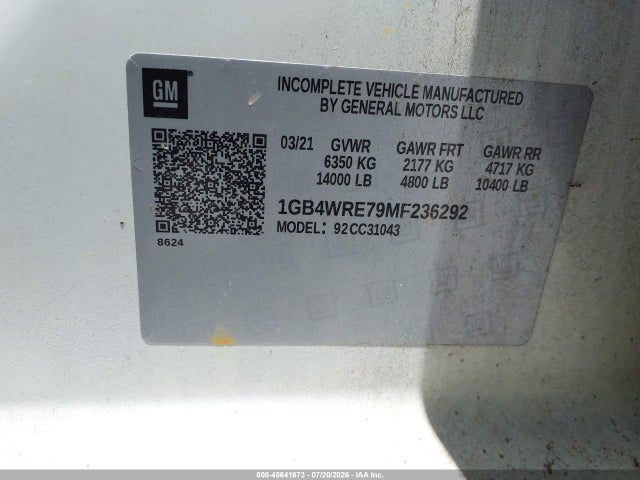Aukcja sprzedaży 2021 Chevrolet Silverado 3500hd Chassis Work Truck, vin: 1GB4WRE79MF236292, numer aukcji: 45641673