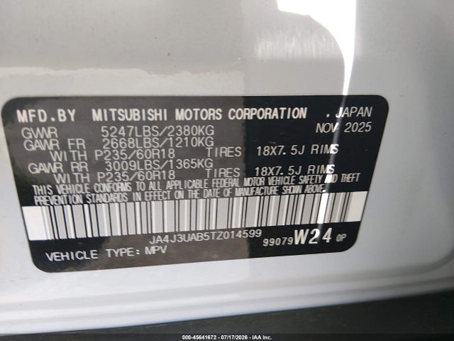 Aukcja sprzedaży 2026 Mitsubishi Outlander Es 2.5 2wd, vin: JA4J3UAB5TZ014599, numer aukcji: 45641672