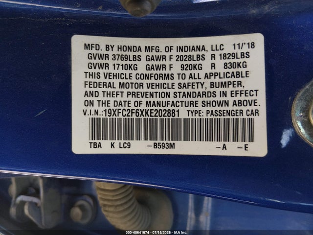 Honda Civic Lx 2019 19XFC2F6XKE202881 Image 9