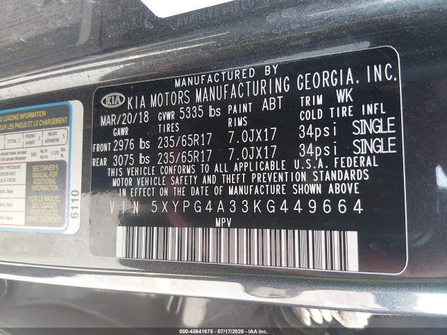 45641678 :رقم المزاد ، 5XYPG4A33KG449664 vin ، 2019 Kia Sorento 2.4l Lx مزاد بيع