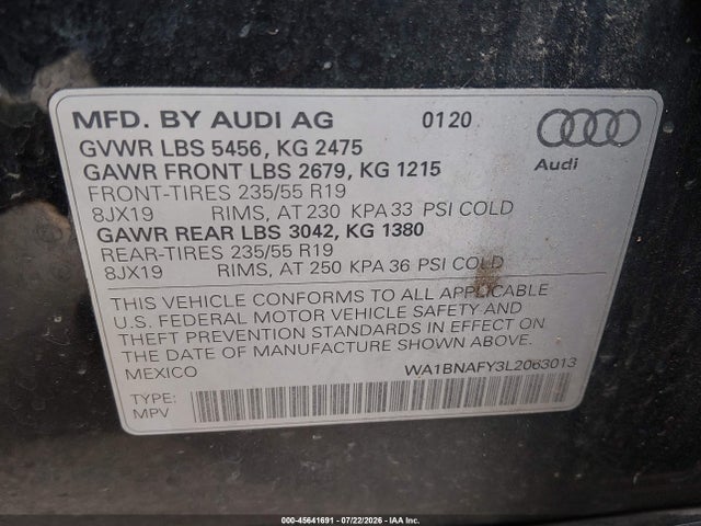 45641691 :رقم المزاد ، WA1BNAFY3L2063013 vin ، 2020 Audi Q5 Premium Plus 45 Tfsi Quattro S Tronic مزاد بيع