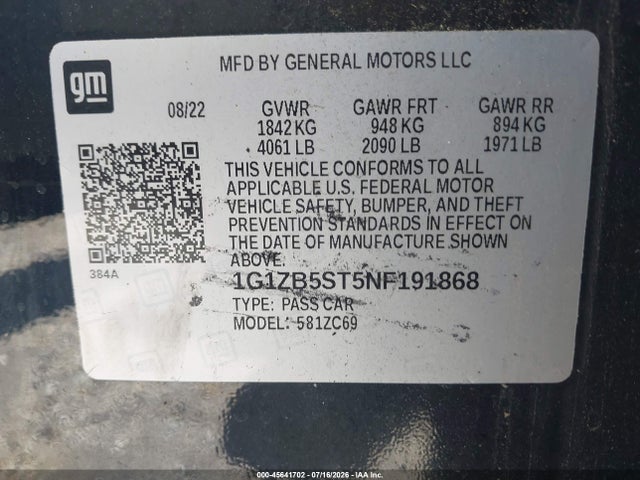 Auction sale of the 2022 Chevrolet Malibu Fwd Ls, vin: 1G1ZB5ST5NF191868, lot number: 45641702