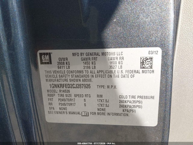 2012 Chevrolet Traverse Ls მანქანა იყიდება აუქციონზე, vin: 1GNKRFED2CJ287926, აუქციონის ნომერი: 45641704