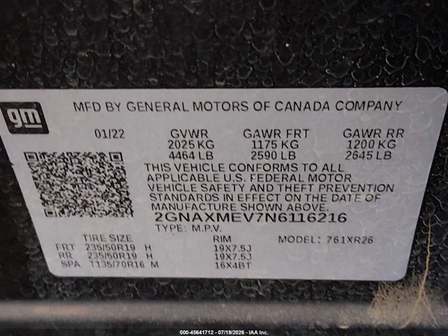 45641712 :رقم المزاد ، 2GNAXMEV7N6116216 vin ، 2022 Chevrolet Equinox Fwd Rs مزاد بيع