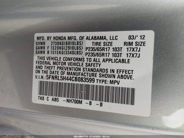 Aukcja sprzedaży 2012 Honda Odyssey Ex, vin: 5FNRL5H44CB083599, numer aukcji: 45641719