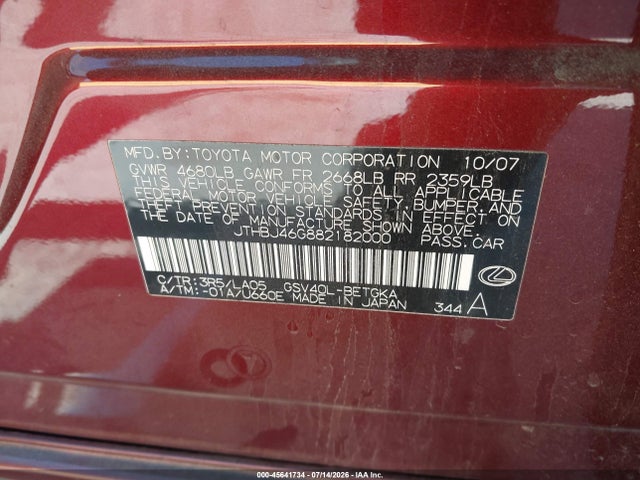 45641734 :رقم المزاد ، JTHBJ46G882182000 vin ، 2008 Lexus Es 350 مزاد بيع