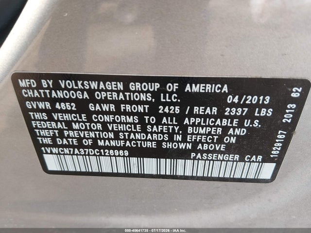 45641735 :رقم المزاد ، 1VWCN7A37DC126969 vin ، 2013 Volkswagen Passat 2.0l Tdi Sel Premium مزاد بيع