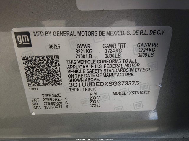 45641743 :رقم المزاد ، 3GTUUDEDXSG373375 vin ، 2025 Gmc Sierra 1500 4wd  Short Box Slt مزاد بيع