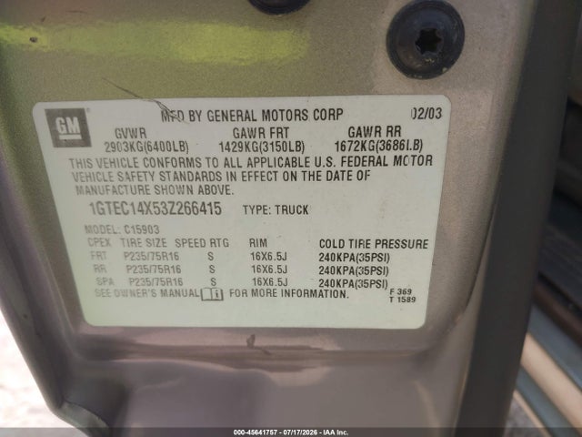 Продажа на аукционе авто 2003 Gmc Sierra 1500 Work Truck, vin: 1GTEC14X53Z266415, номер лота: 45641757