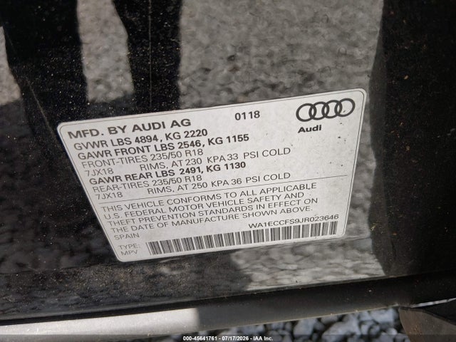 45641761 :رقم المزاد ، WA1ECCFS9JR023646 vin ، 2018 Audi Q3 2.0t Premium/2.0t Sport Premium مزاد بيع