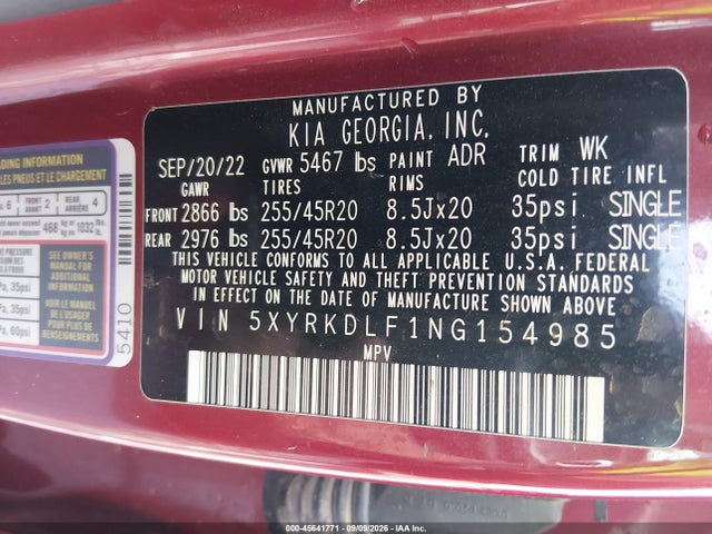 Aukcja sprzedaży 2022 Kia Sorento Sx, vin: 5XYRKDLF1NG154985, numer aukcji: 45641771