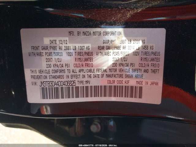 Aukcja sprzedaży 2013 Mazda Cx-9 Grand Touring, vin: JM3TB3DA4D0406825, numer aukcji: 45641778