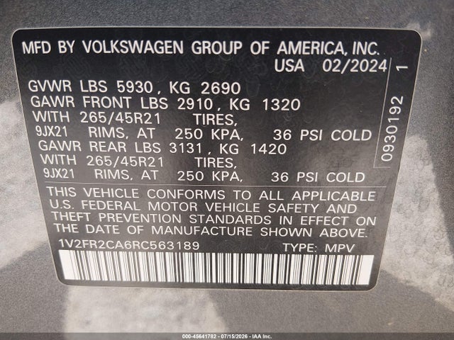 Продаж на аукціоні авто 2024 Volkswagen Atlas 2.0t Sel Premium R-line, vin: 1V2FR2CA6RC563189, номер лоту: 45641782