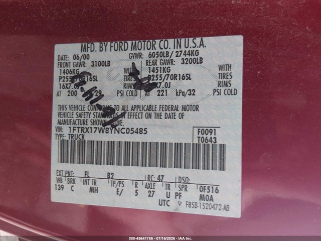 Продаж на аукціоні авто 2000 Ford F-150 Lariat/work Series/xl/xlt, vin: 1FTRX17W8YNC05485, номер лоту: 45641786