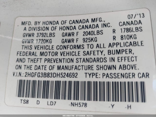 Продажа на аукционе авто 2013 Honda Civic Ex, vin: 2HGFG3B83DH524692, номер лота: 45641795