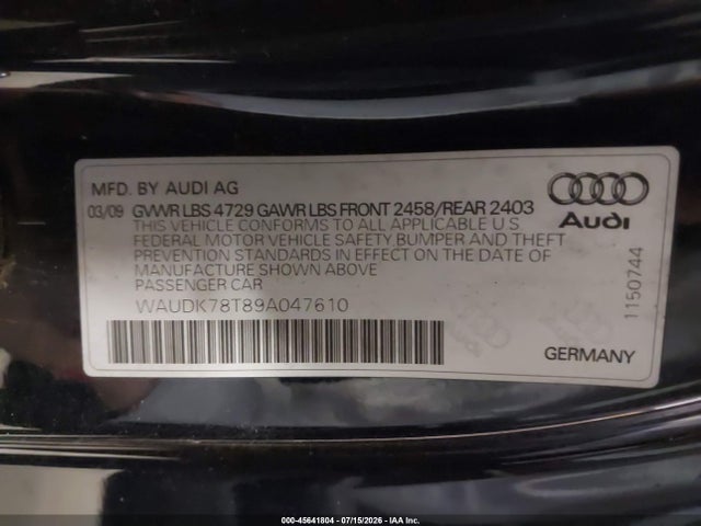 45641804 :رقم المزاد ، WAUDK78T89A047610 vin ، 2009 Audi A5 3.2l مزاد بيع