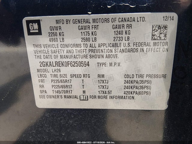 Продаж на аукціоні авто 2015 Gmc Terrain Sle-2, vin: 2GKALREK0F6250594, номер лоту: 45641822