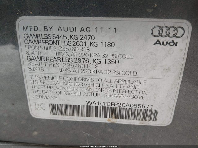 45641828 :رقم المزاد ، WA1CFBFP2CA055571 vin ، 2012 Audi Q5 2.0t Premium مزاد بيع