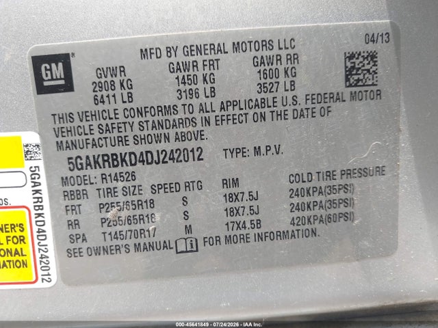 Продаж на аукціоні авто 2013 Buick Enclave, vin: 5GAKRBKD4DJ242012, номер лоту: 45641849