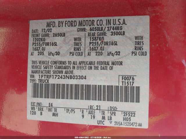 Продажа на аукционе авто 2003 Ford F-150 Xl/xlt, vin: 1FTRF17243NB03304, номер лота: 45641862