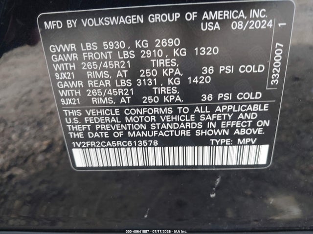 2024 Volkswagen Atlas 2.0t Sel Premium R-line მანქანა იყიდება აუქციონზე, vin: 1V2FR2CA5RC613578, აუქციონის ნომერი: 45641887