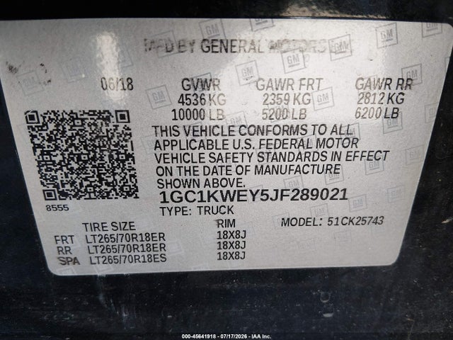 45641918 :رقم المزاد ، 1GC1KWEY5JF289021 vin ، 2018 Chevrolet Silverado 2500hd Ltz مزاد بيع