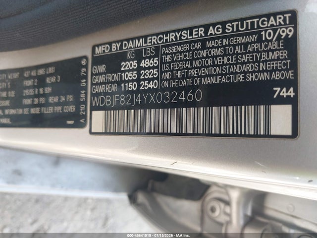 Aukcja sprzedaży 2000 Mercedes-benz E 320 4m, vin: WDBJF82J4YX032460, numer aukcji: 45641919